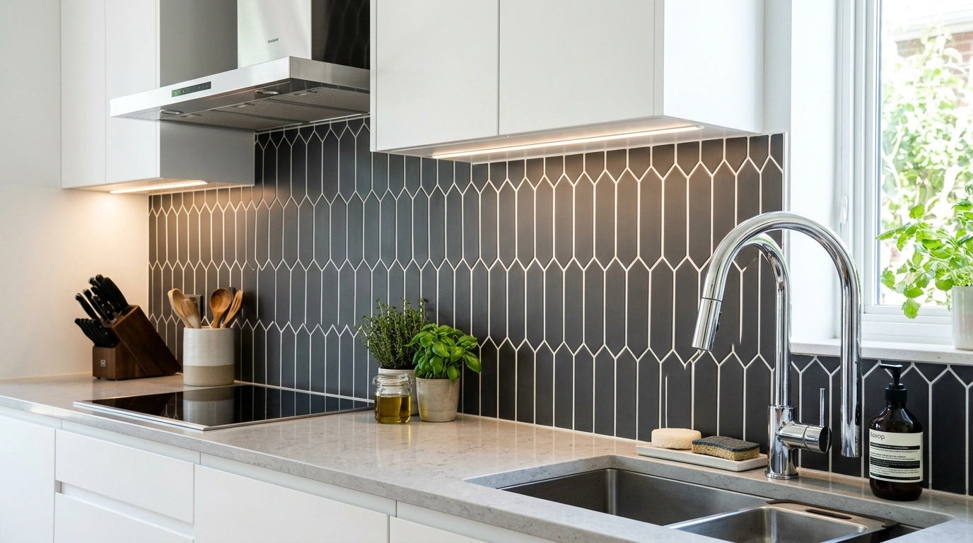 Charcoal Gray Picket Tile with White Grout