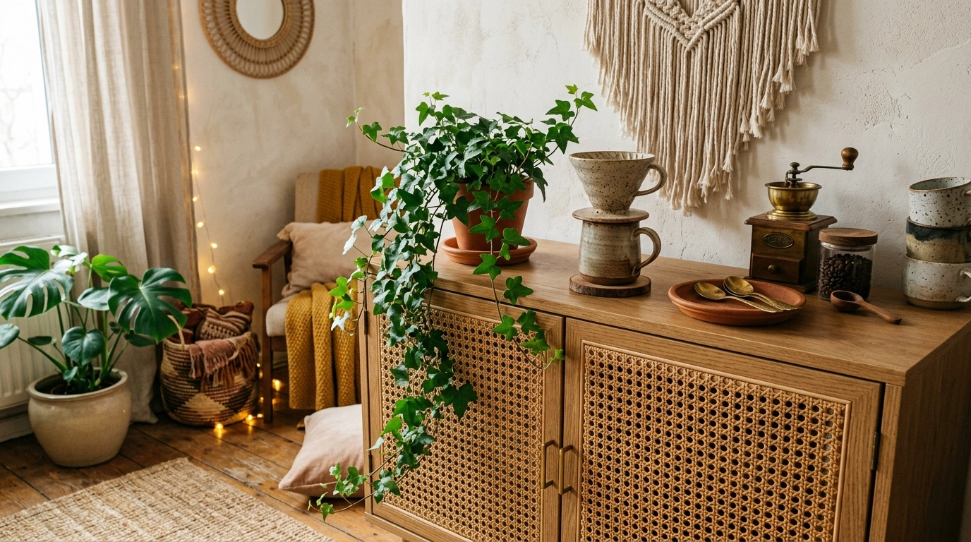 Bohemian Rattan Cabinet and Greenery Espresso C...