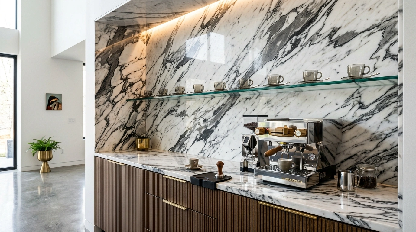 High-Contrast Marble Slab Backsplash Bar