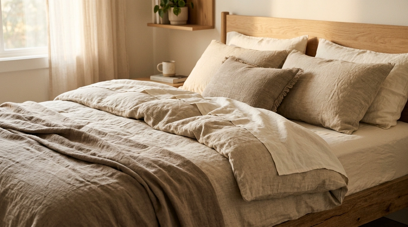 Warm Minimalist Bedding with Layered Flax Linen