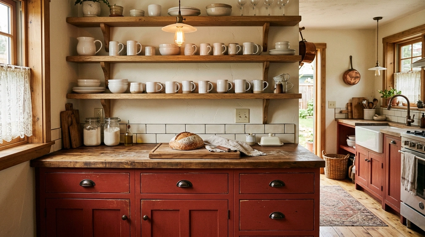 Brick Red and Warm Natural Wood