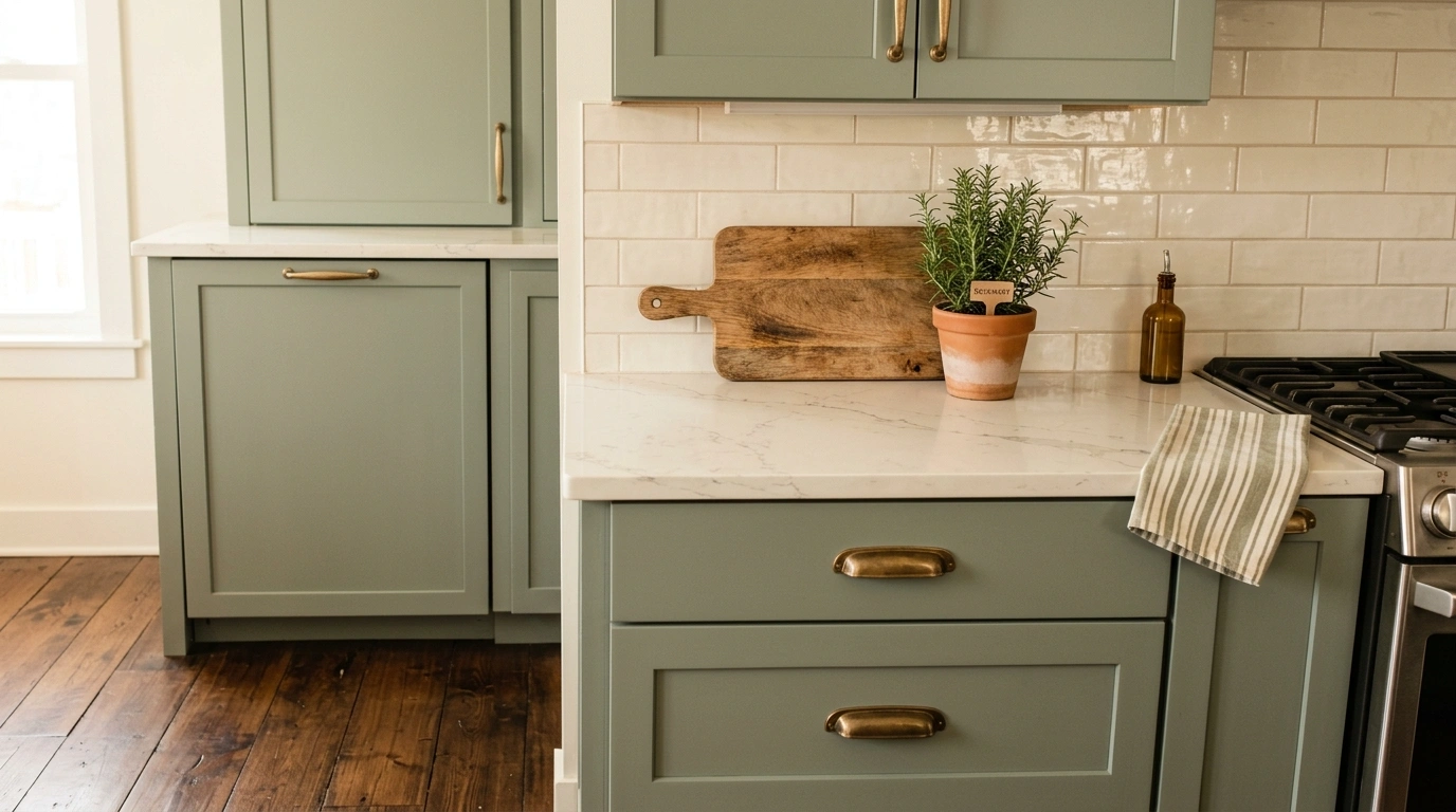 Soft Sage Green, Cream, and Warm Walnut Floors