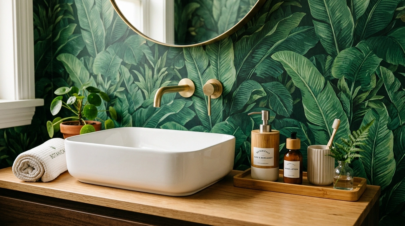 Lush Banana Leaf Wallpaper and Warm Bamboo Accents