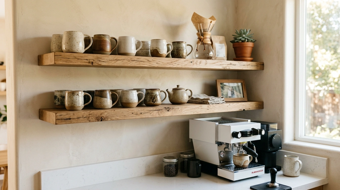 Floating Oak Shelves with Textured Ceramic Mugs