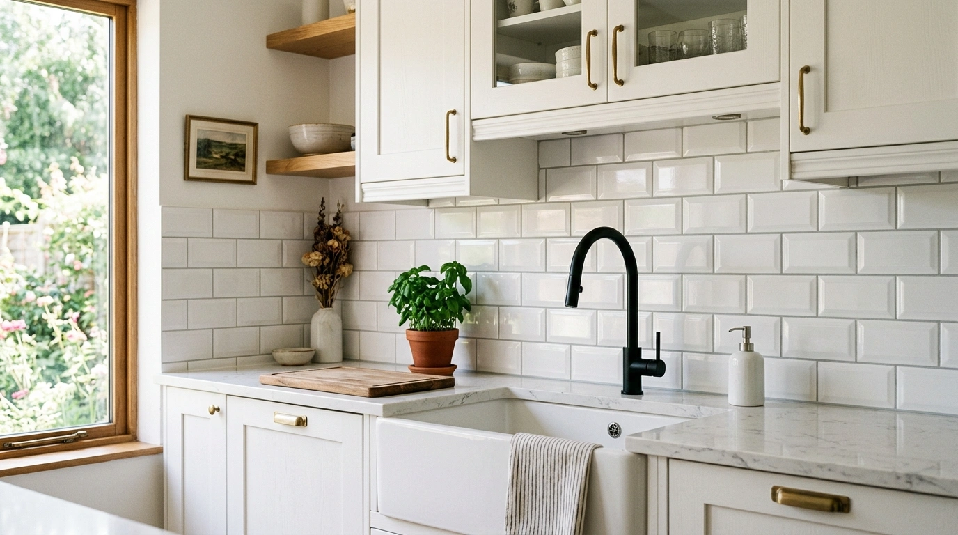 Classic White Beveled Subway Tile with Soft Gra...