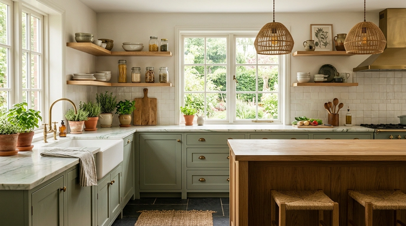 Earthy Sage Green and Warm Oak Details