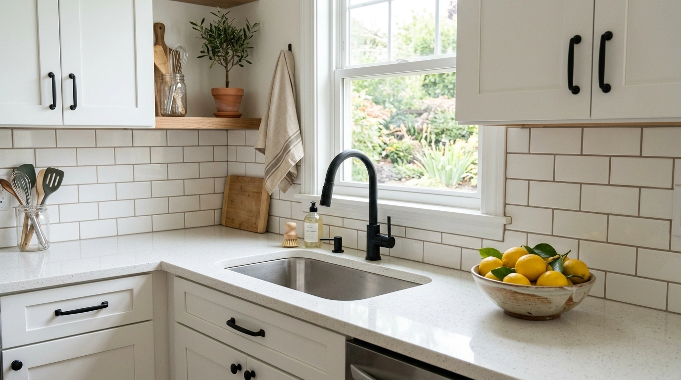 Classic White Subway Tile with Warm Gray Grout
