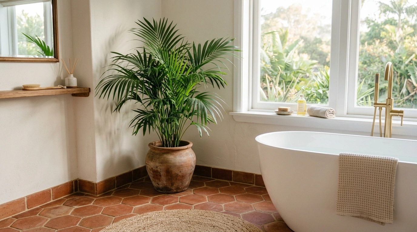 Earthy Matte Terracotta Tiles and Potted Kentia...