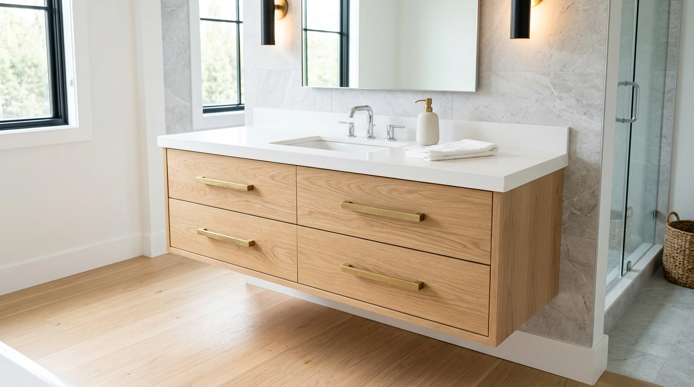 Wall-Mounted Floating Vanities with Brushed Brass