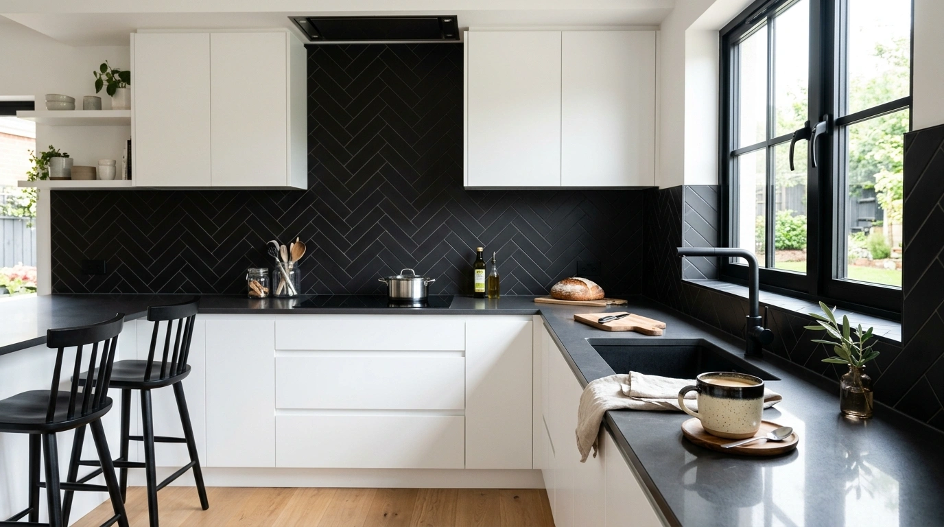 Matte Black Herringbone Tile