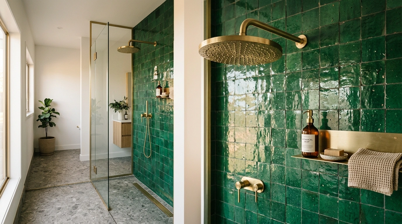 Brass Rain Showerheads and Emerald Zellige Back...