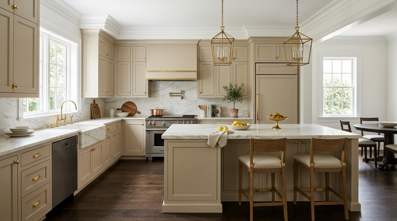 Creamy Taupe, Brass, and Dark Oak Floors