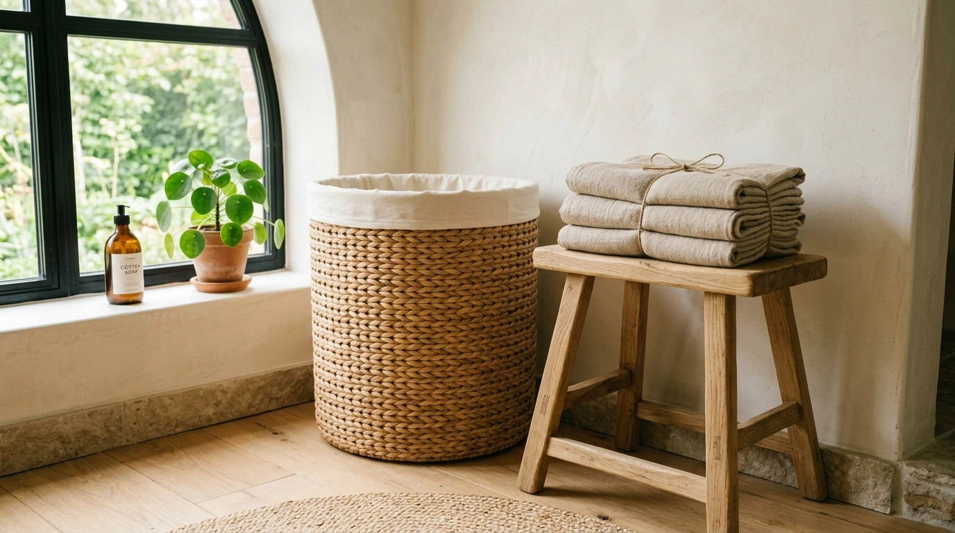 Textured Rattan Laundry Baskets and Crisp Linen...