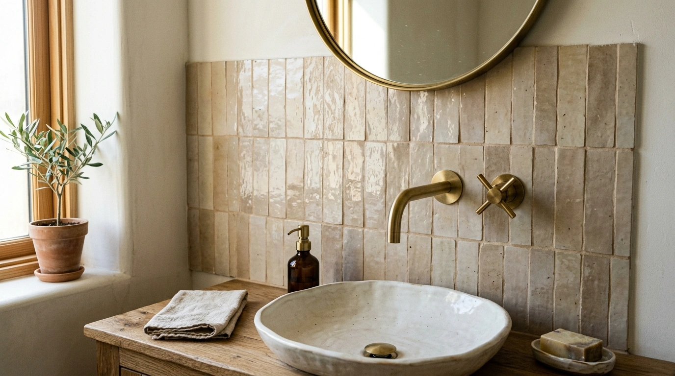Floor-to-Ceiling Vertical Stacked Zellige Tiles
