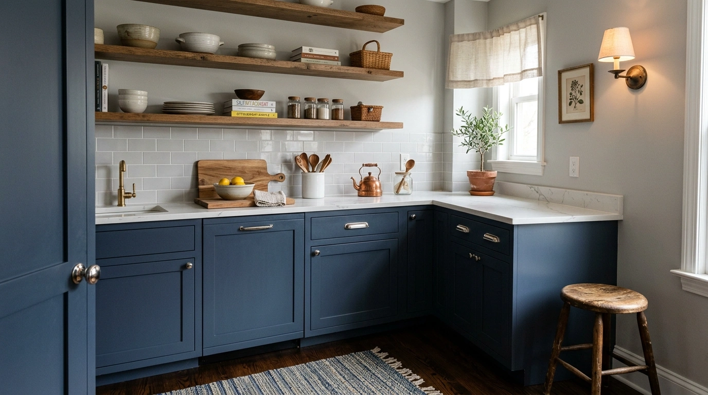 Muted Navy, Soft Gray, and Dark Ebony Floors