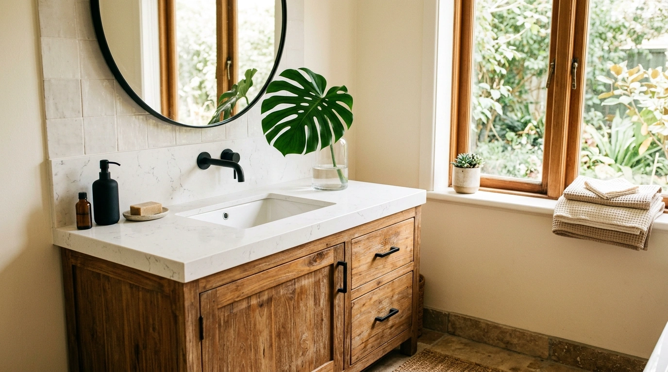 Distressed Teak Wood Vanities and Monstera Leaf...