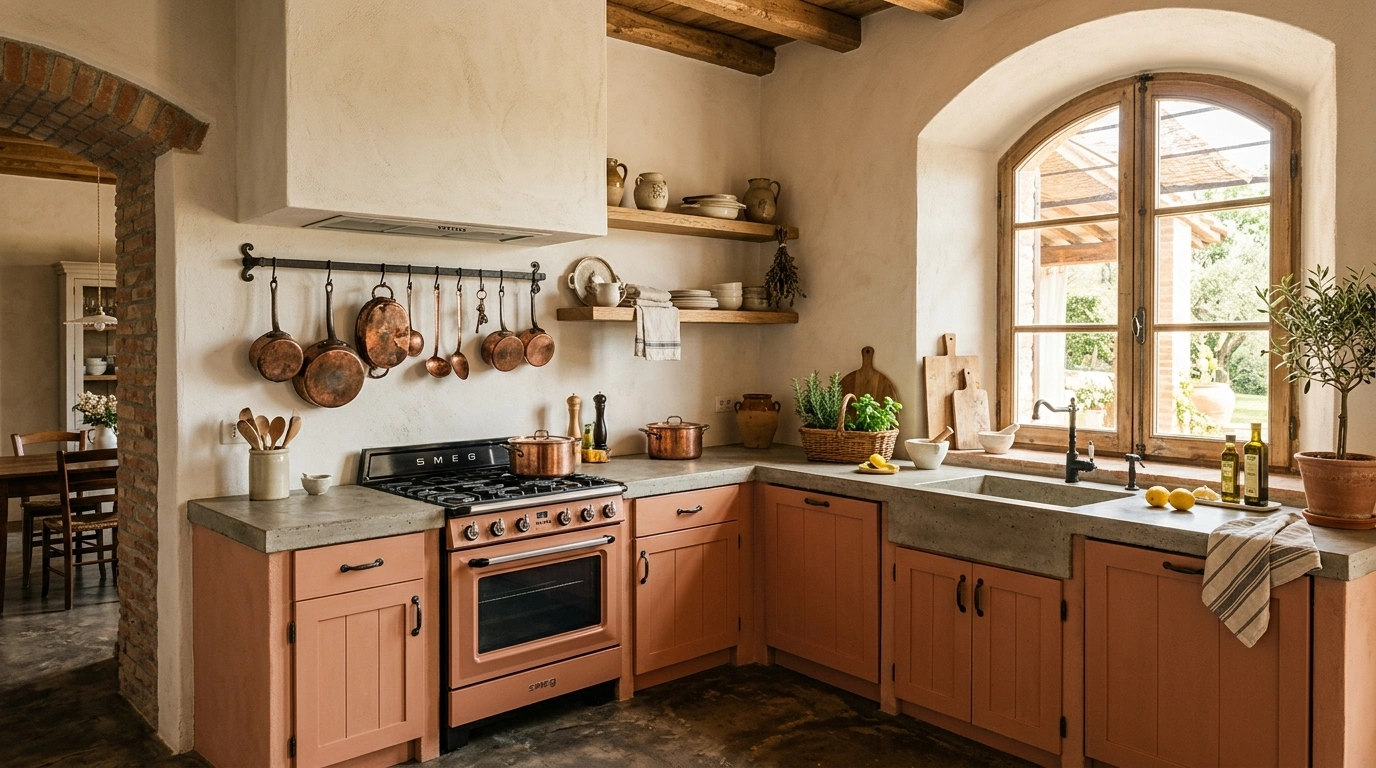 Muted Terracotta, Off-White, and Black Iron