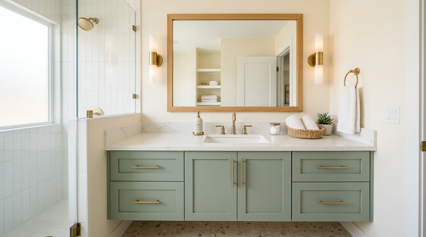 Muted Sage Green Vanity Cabinets and Brushed Go...