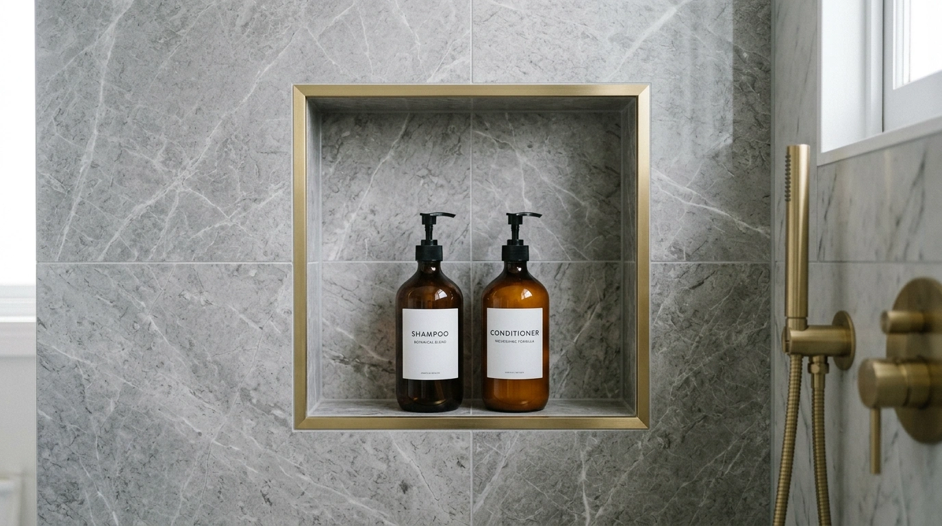 Recessed Shower Niches with Sleek Brass Strips