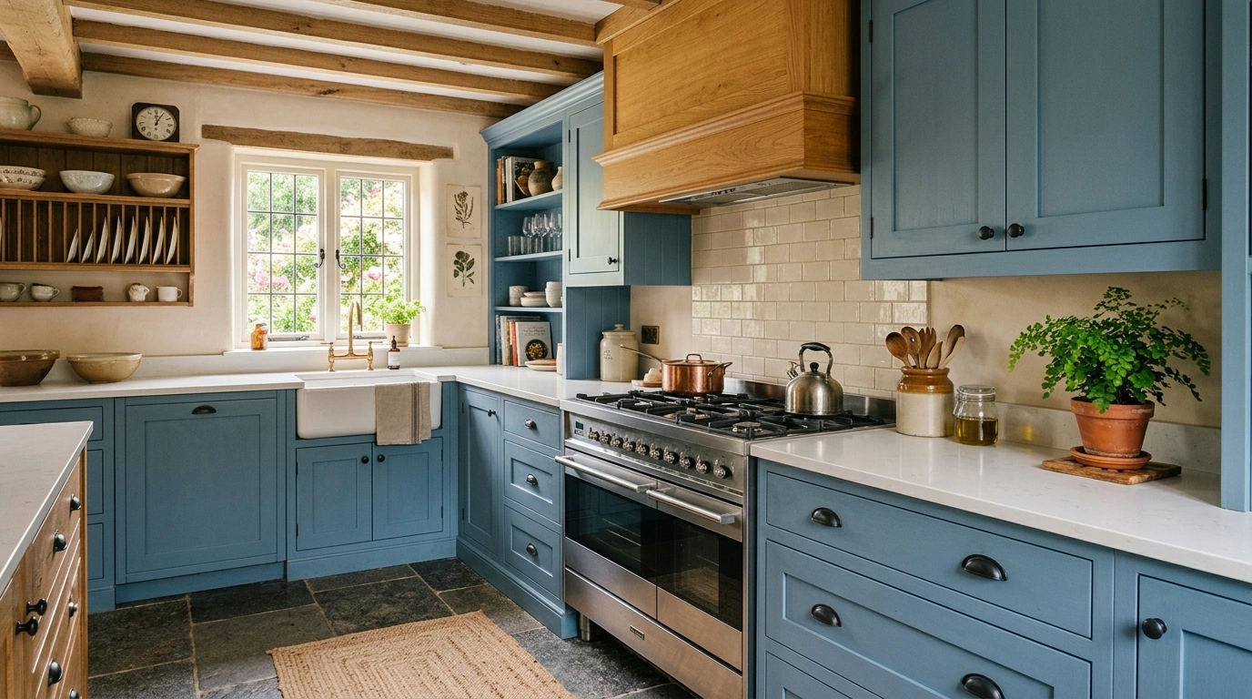 Dusty Blue, Warm Wood, and Dark Granite Floors