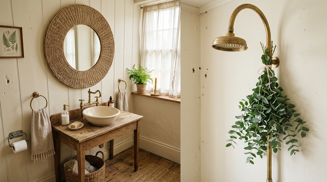 Woven Seagrass Mirrors and Eucalyptus Hanging B...