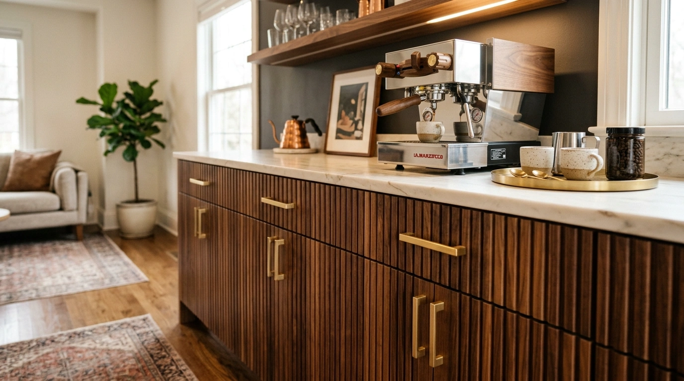 Fluted Wood Accent Coffee Bar with Brass Hardware