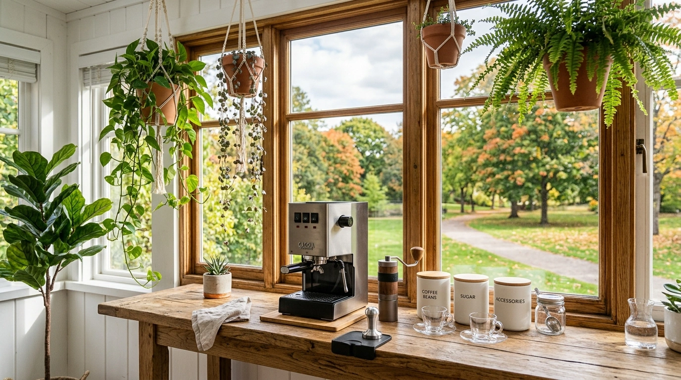 Bright Sunroom Window-Sill Espresso Station