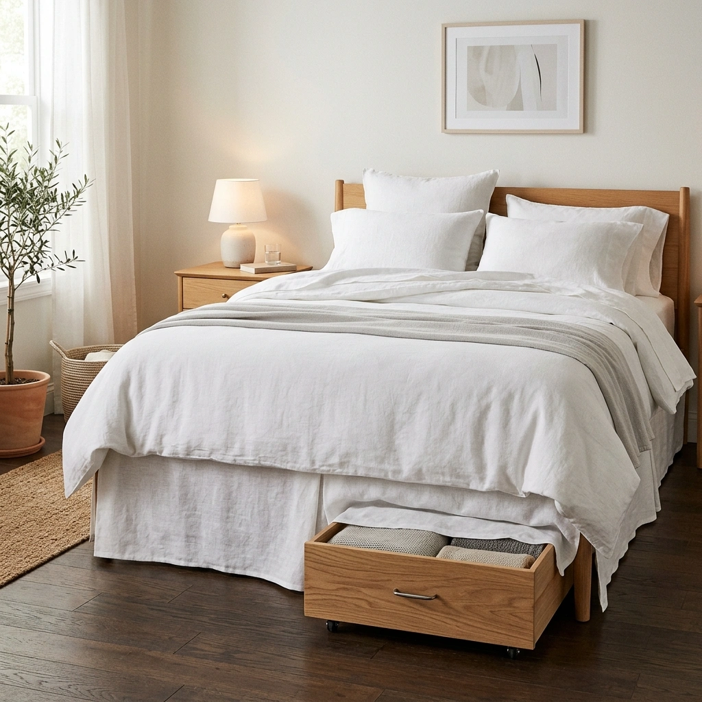 Deep Under-Bed Drawers Covered by a Clean Bed S...