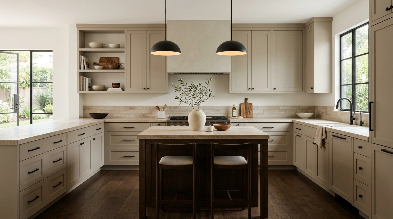 Warm Greige, Travertine, and Matte Black Hardware