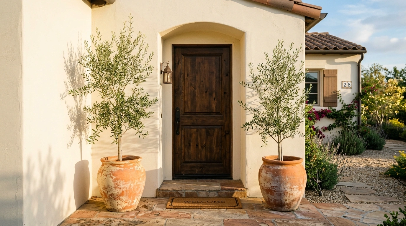 Olive Trees in Terracotta Pots by the Entryway