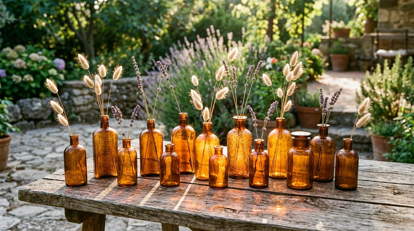 Upcycled Amber Glass Bottles as Bud Vases