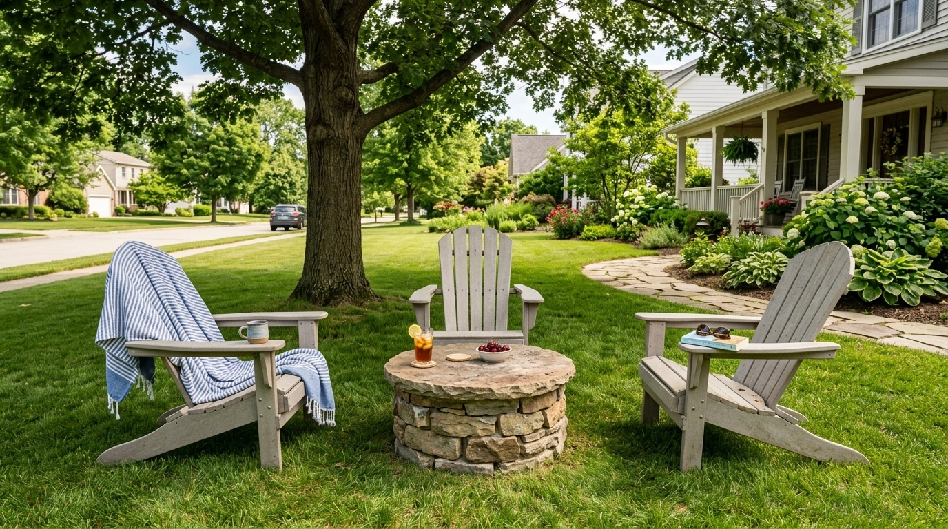 Cozy Adirondack Chairs Around a Low Stone Table