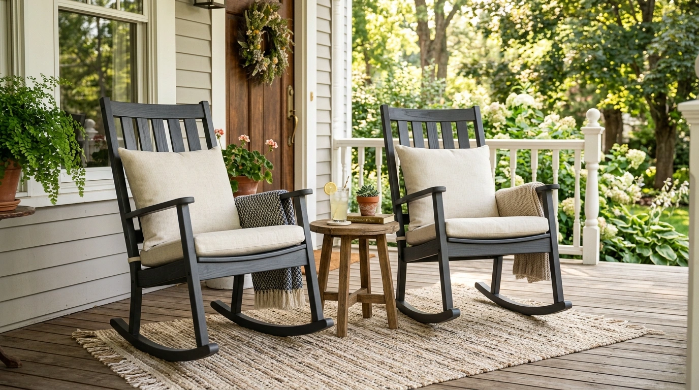 Minimalist Wood Porch Rockers with Cream Cushions