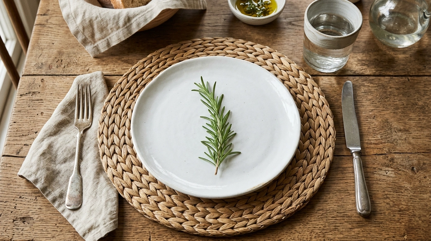 Woven Seagrass Chargers under Ceramic Dinnerware