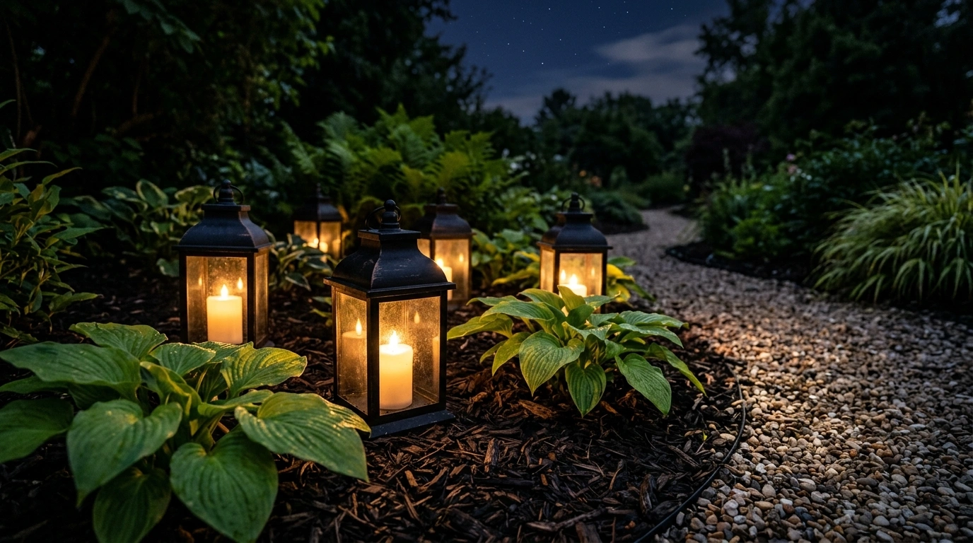 Soft Solar Lanterns Nestled in Mulch Beds