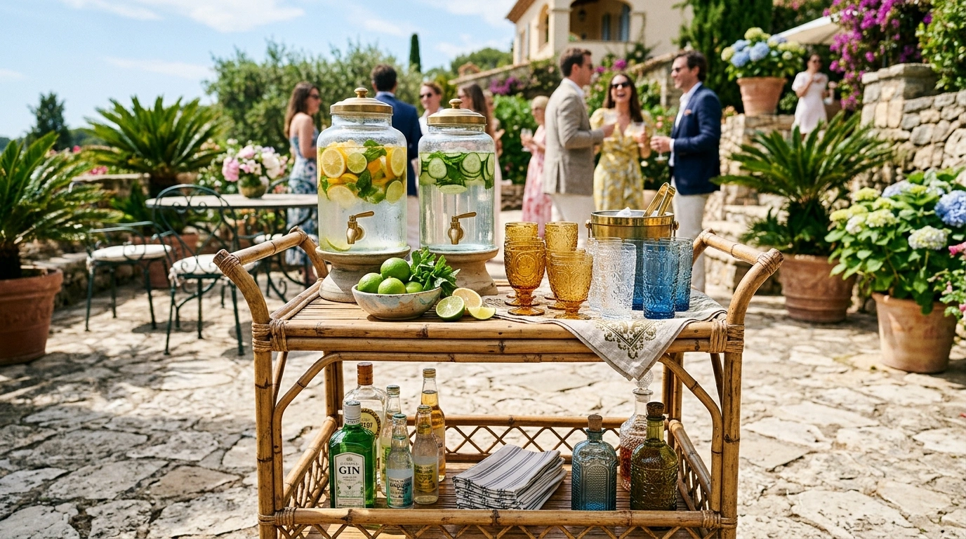 Bamboo Cocktail Bar Cart with Textured Glassware