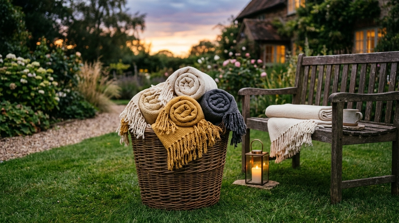 Layered Fringe Throw Blankets in Wicker Baskets