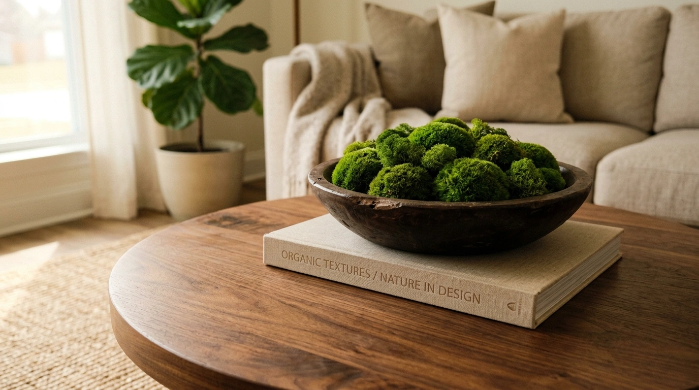 The Low-Profile Wooden Bowl and Moss Spheres