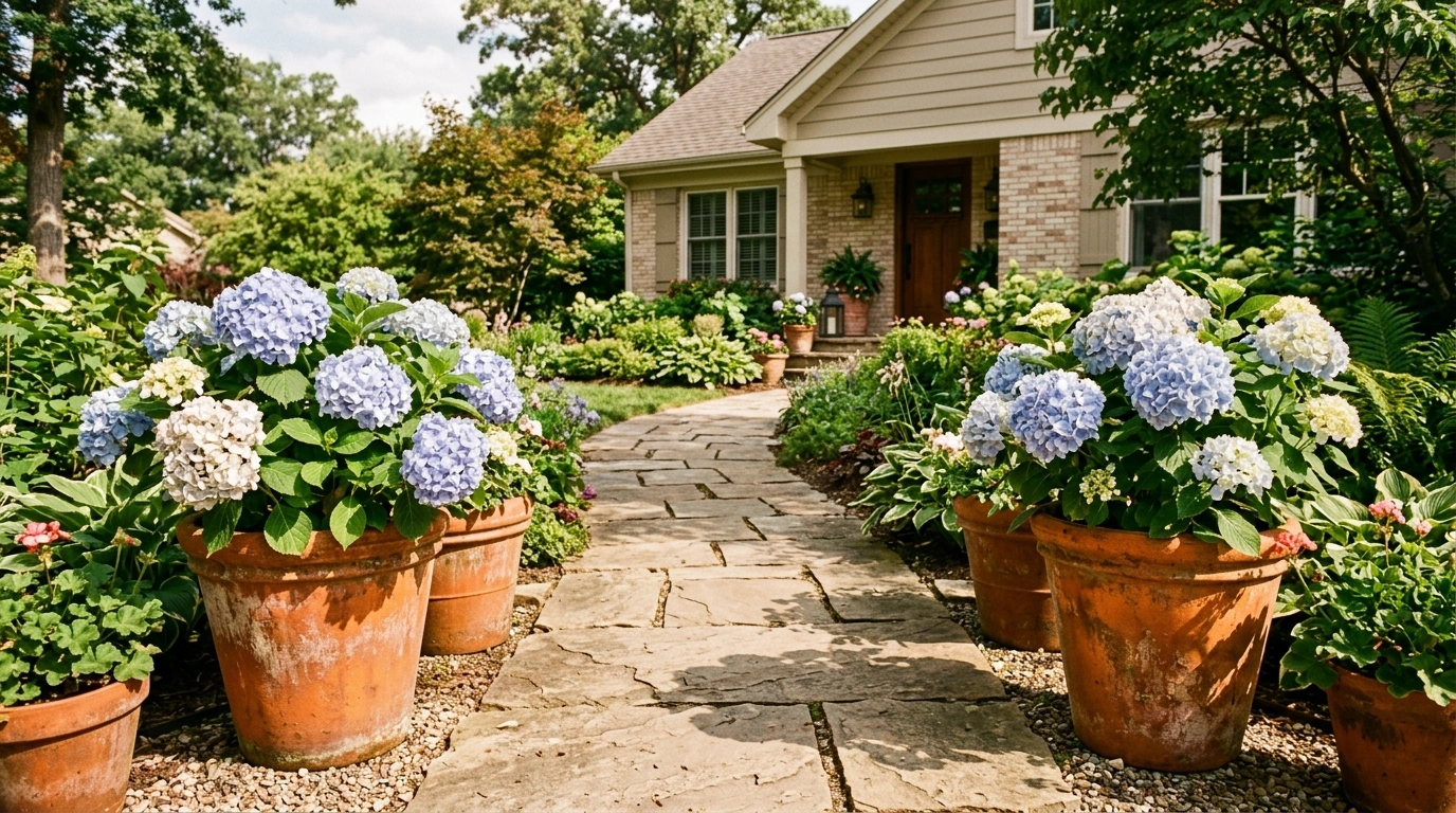 Potted Hydrangea Pathway Border