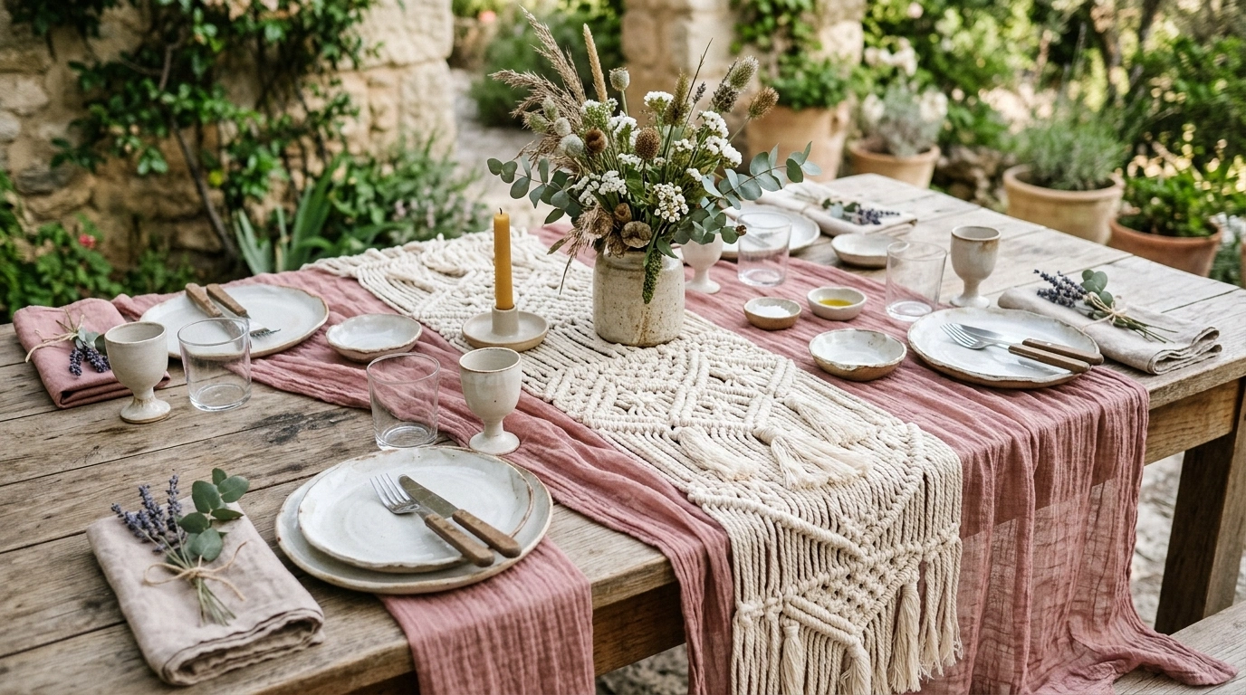 Macrame Table Runners Layered Over Gauzy Cheese...