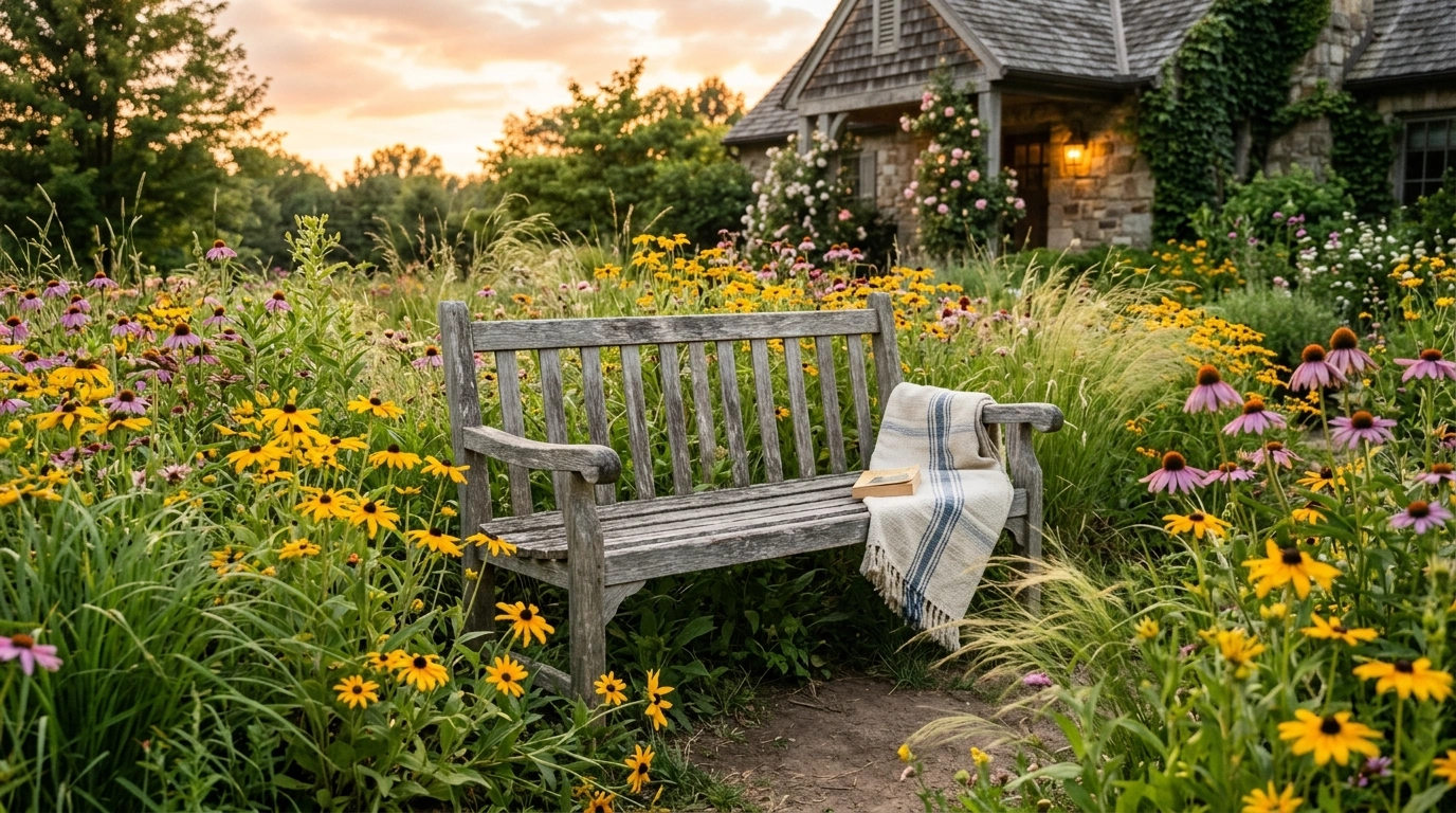 A Weathered Wood Bench Nestled in Wildflowers