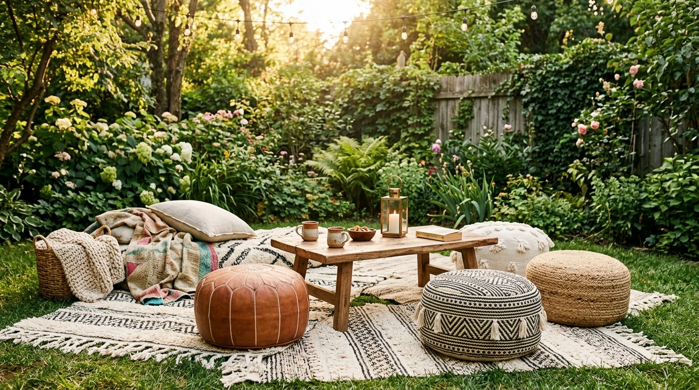 Tufted Poufs and Textured Moroccan Rugs