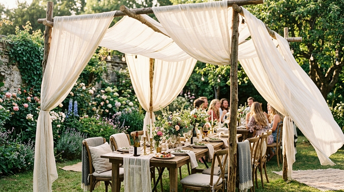 Draped Gauze Fabric Canopy Over the Seating Area