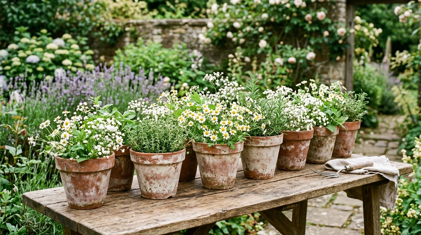 Earthy Terracotta Pots with Wildflowers