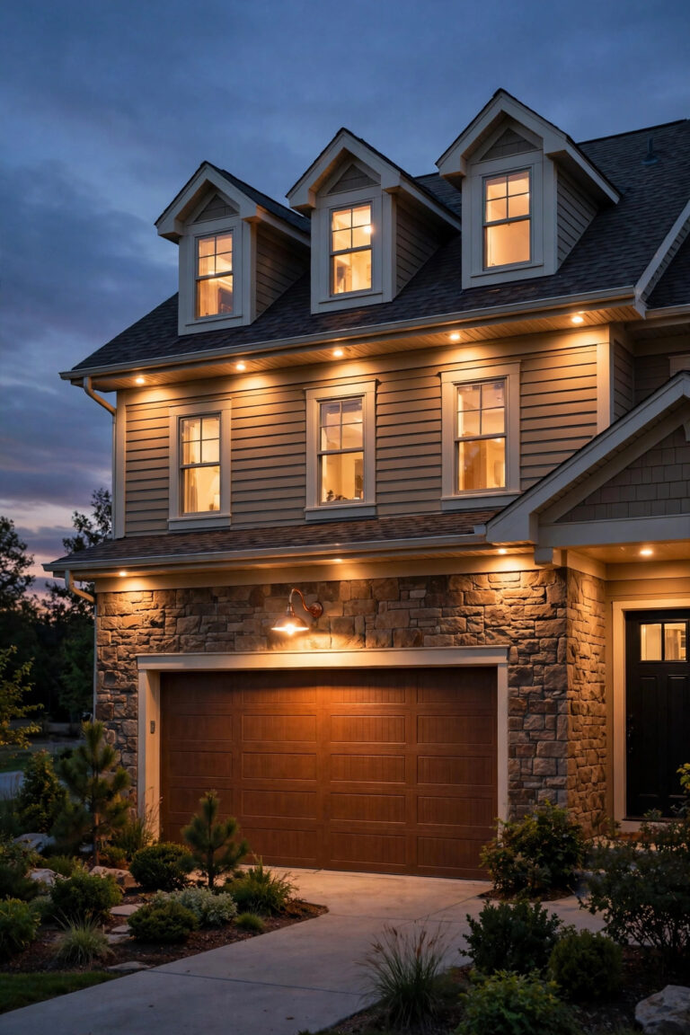 Lighting above garage door with a warm gooseneck fixture, glowing dormers and eave downlights on a two-story home at dusk