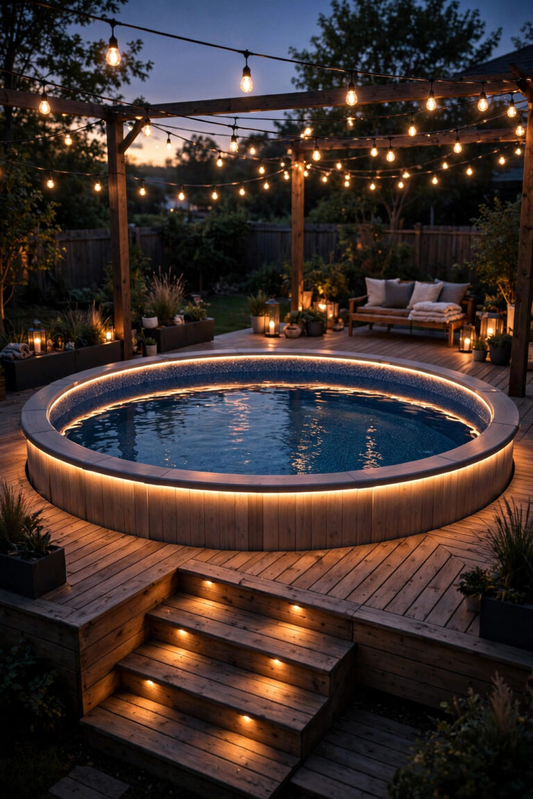 Above-ground pool at dusk wrapped in warm layered lighting, glowing rim, lit deck steps and string lights overhead