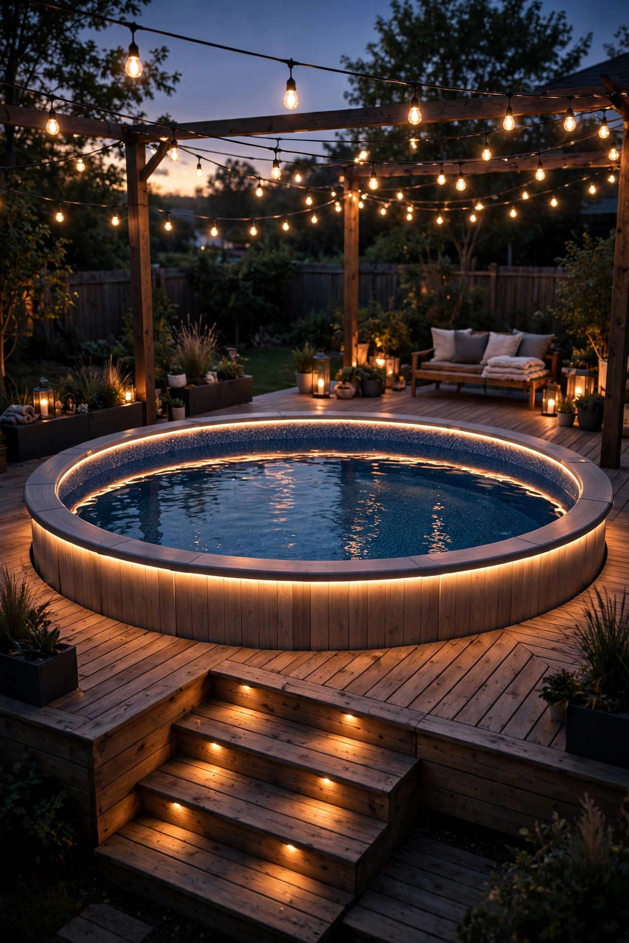 Above-ground pool at dusk wrapped in warm layered lighting, glowing rim, lit deck steps and string lights overhead