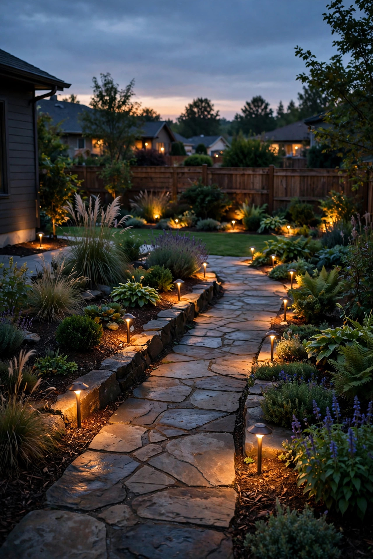Suburban backyard at dusk with layered low-voltage landscape lighting glowing along garden beds and a stone path
