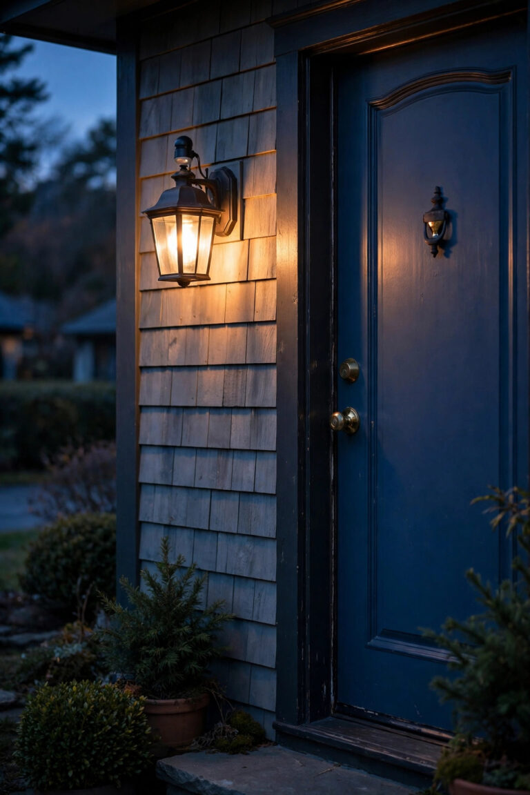Warm porch light glowing at dusk beside a front door, controlled by a small hardwired photocell sensor mounted on the fixture