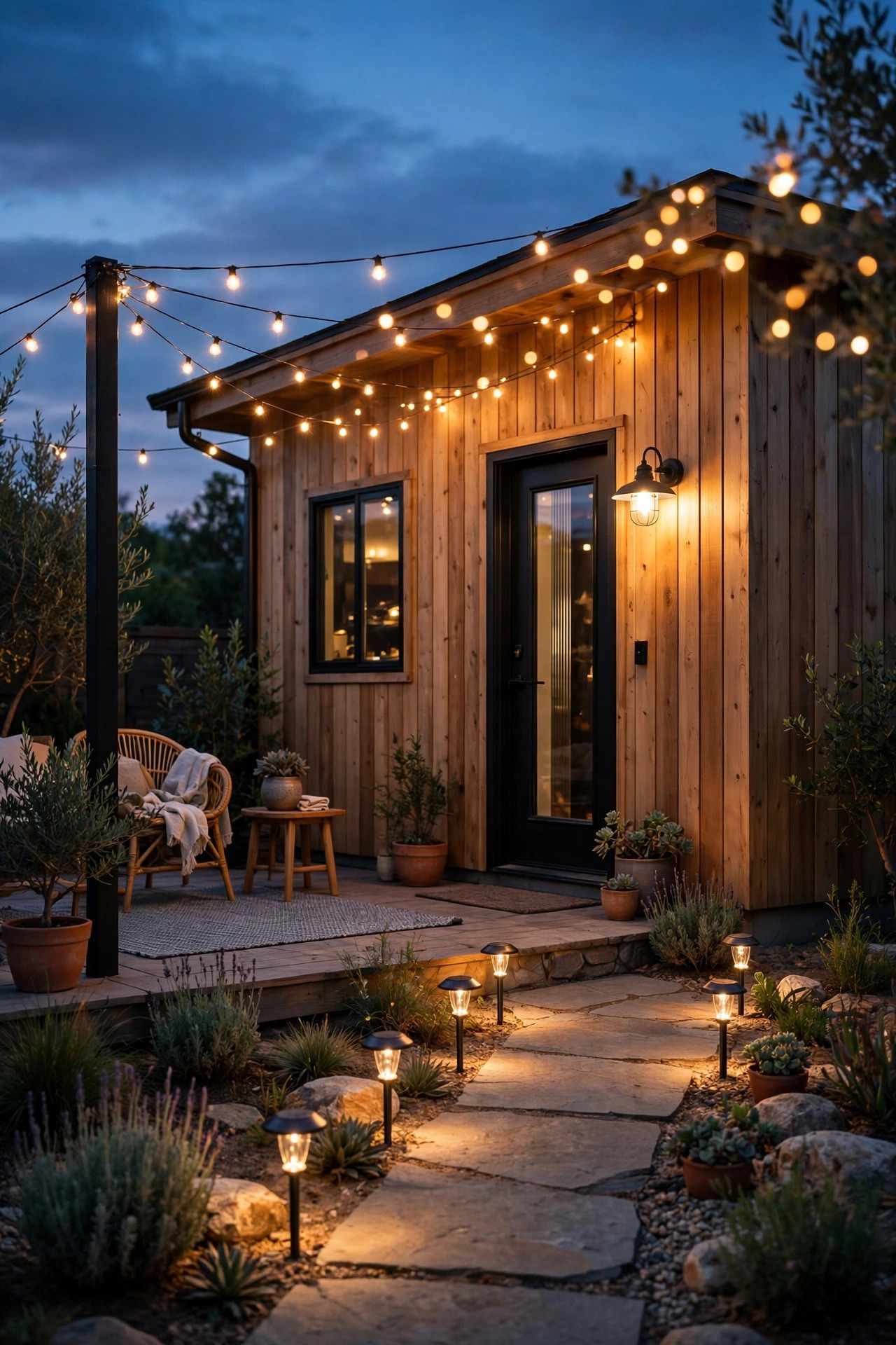 Small ADU guest house patio at dusk with warm string lights, a glowing door sconce and solar path lights leading to the entrance